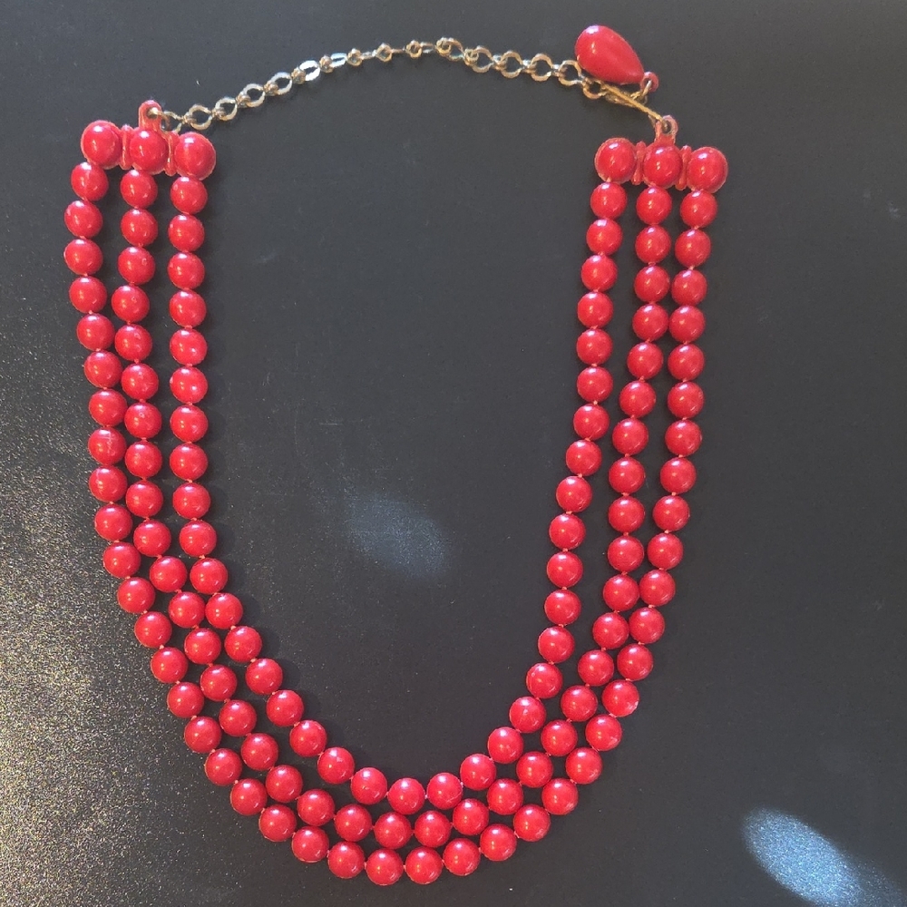 Vuntage Red Three-Strand Beaded Statement Necklace